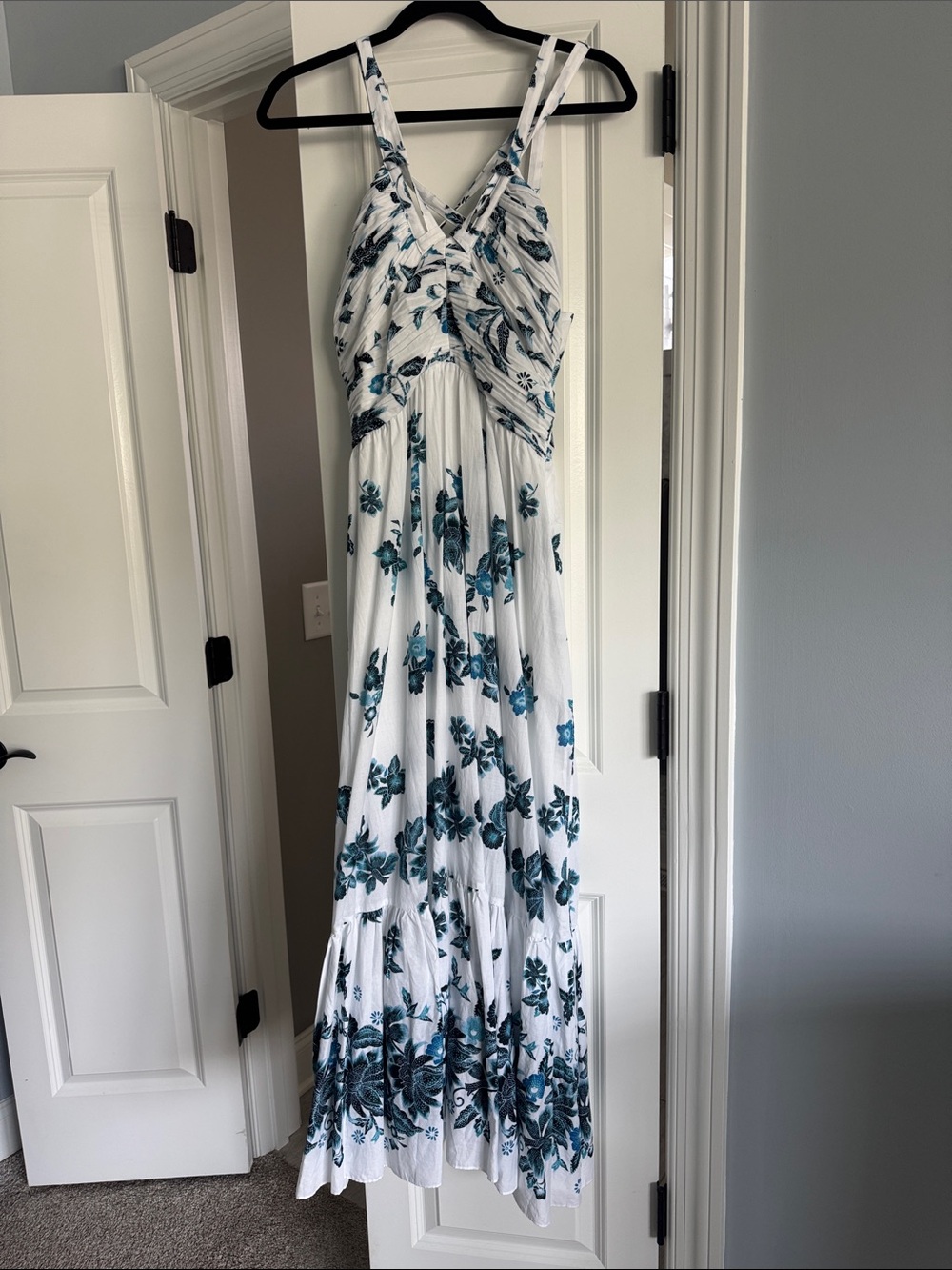 White House Black Market White Maxi Dress with Teal Floral Print